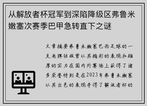 从解放者杯冠军到深陷降级区弗鲁米嫩塞次赛季巴甲急转直下之谜