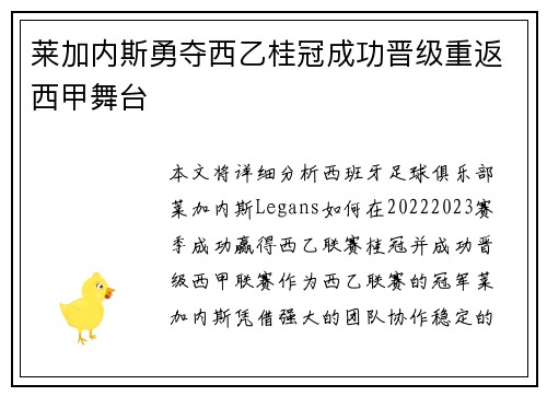 莱加内斯勇夺西乙桂冠成功晋级重返西甲舞台 莱加内斯勇夺西乙桂冠成功晋级重返西甲舞台